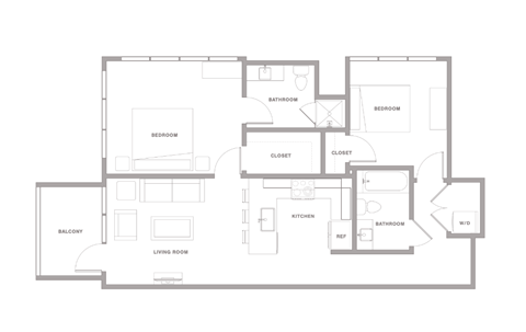 Floor plan for 2 beds, 2 baths, 979 sqft